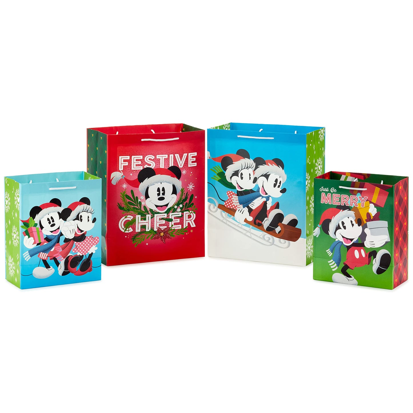 Hallmark Mickey and Minnie Christmas Gift Bags in Assorted Sizes (4 Bags: 2 Medium 9", 2 Large 13") for Kids, Grandchildren, Disney Fans and Collectors