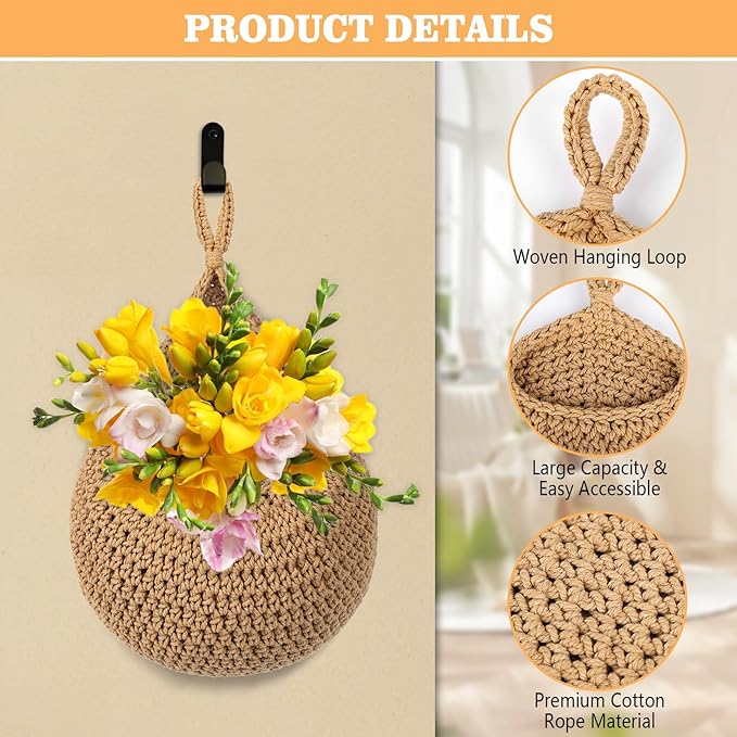 Hanging Fruit Baskets for Kitchen, 3 Pack Boho Wall Hanging Basket for Fruits &
