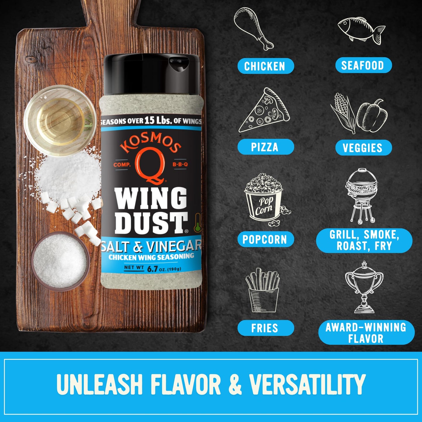 Kosmos Q Salt & Vinegar Wing Dust, Father’s Day Gift, Salt & Vinegar Seasoning for Wings, Popcorn, Fries & More, Tangy Dry Rub Dust for Chicken, Snacks & Vegetables, Gluten Free, 8 Oz Shaker Bottle