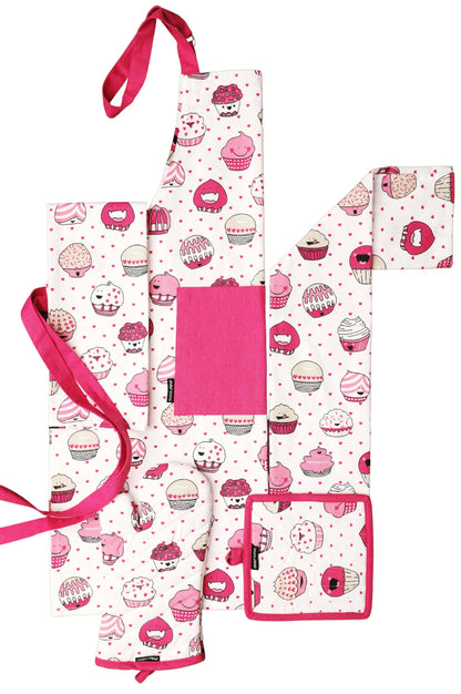 AMOUR INFINI 5 Piece Set of Apron,2 Kitchen Towel,Oven Mitt and Pot Holder in a Valentine Cup Cakes Design Event Outdoor BBQ Baking Grilling Party Kitchen Decor