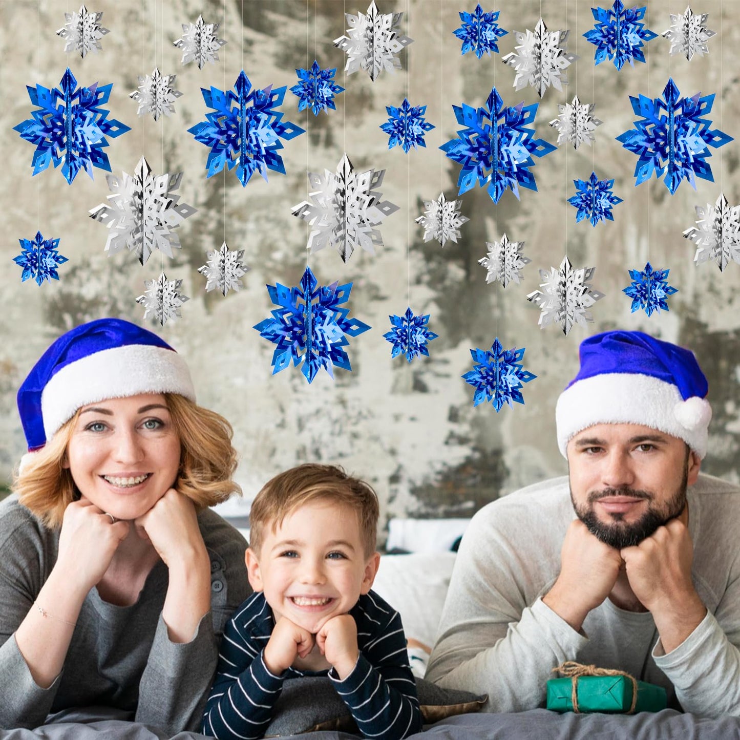 OuMuaMua Winter Christmas Snowflake Decorations Indoor, 24PCS 3D Silver Blue Snowflakes Christmas Hanging Ornaments for Home Xmas Xmas Holiday Winter Wonderland New Year Party Decor Supplies