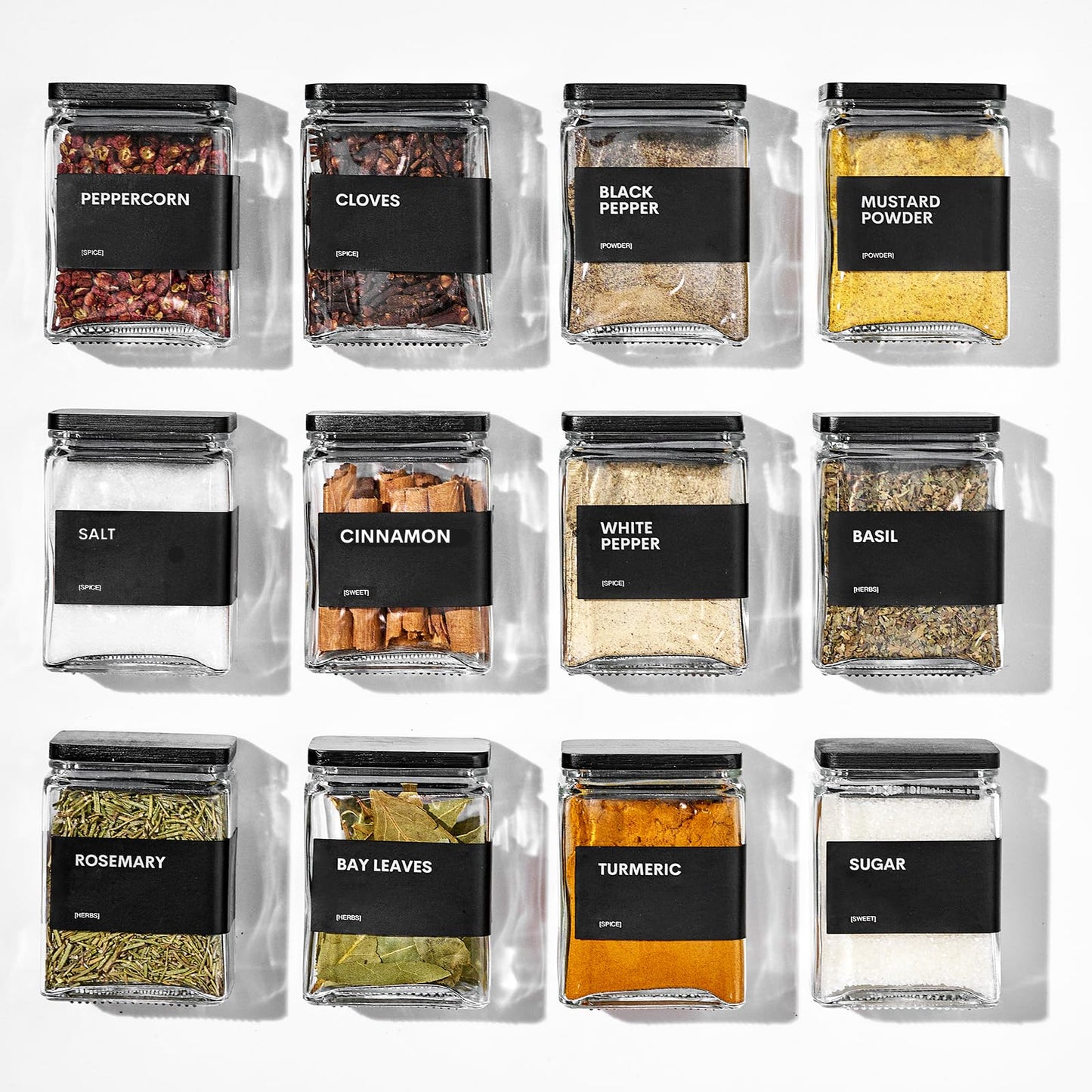 MUVEKA Glass Spice Jars with Bamboo Lid, 4oz Square Spice Containers for Pantry Organization, Seasoning Bottles with Labels, Spoons, Funnel for Salt Sugar