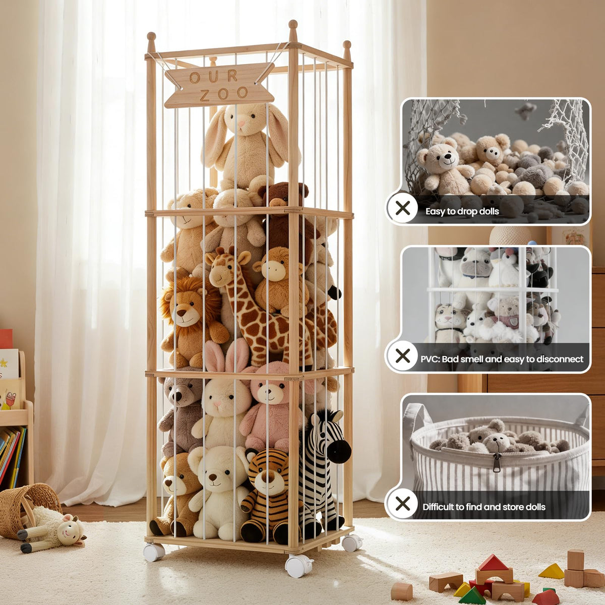 Ostutry Stuffed Animal Storage with Wheels - Wood Stuffed Animals Organizer Holder Zoo Large Capacity Plush Toy Cage with Elastic Band for Playroom, Bedroom, Nursery