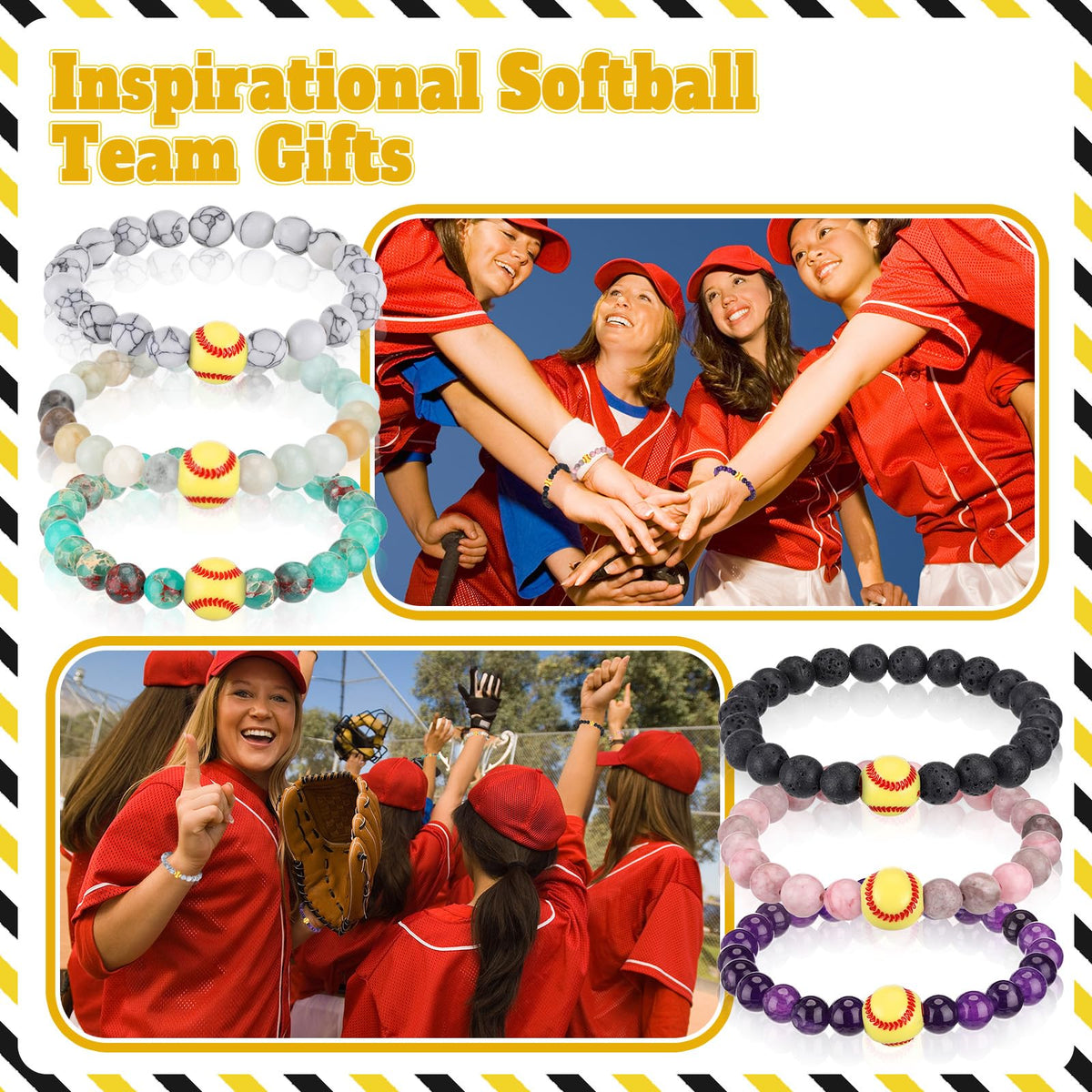 Tondiamo 6 Set Basketball Softball Inspirational Team Gifts Bulk Lava Stone Bracelet Motivational Card Bracelet Senior Night Sport Party Favors for Player Sport Lover (Softball)