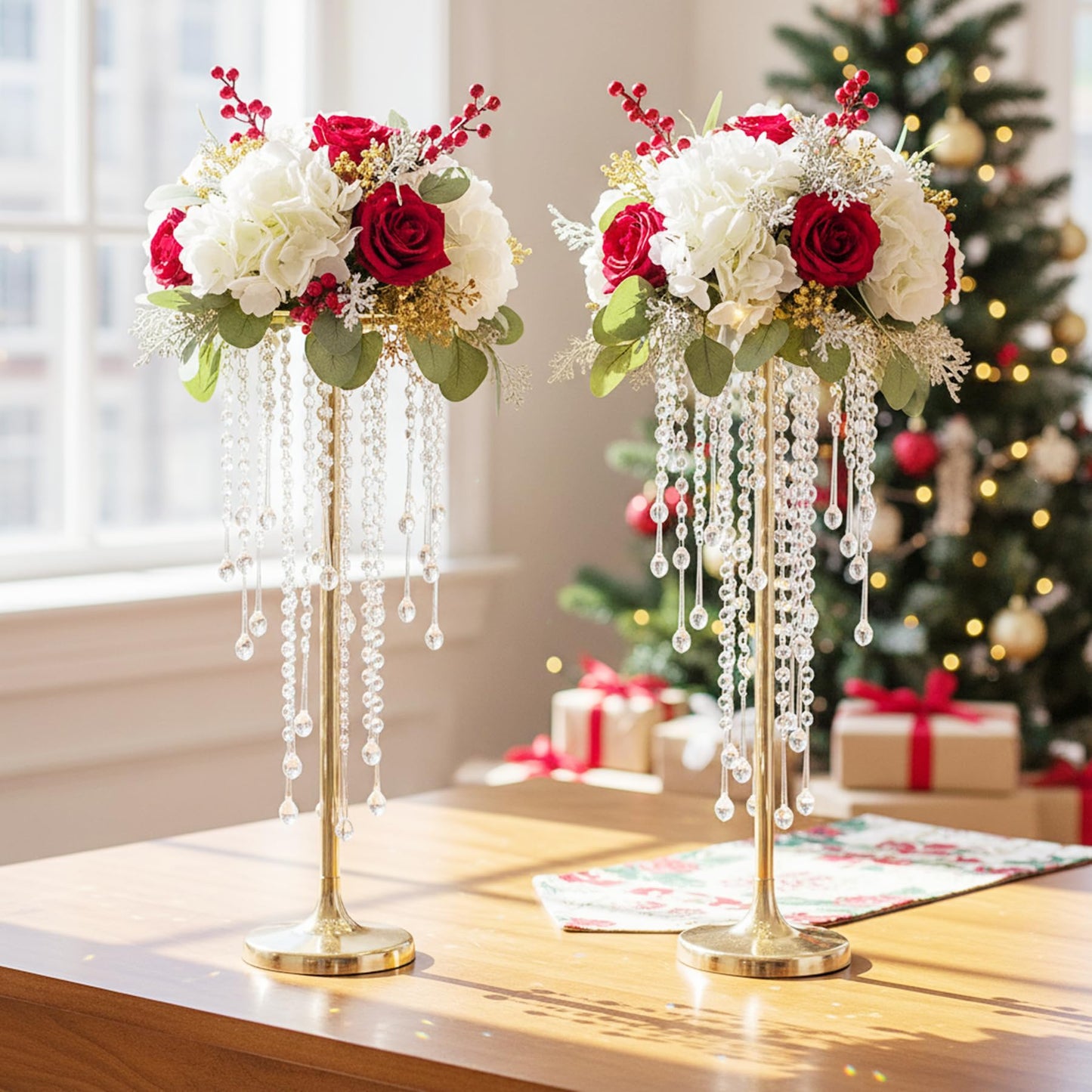21.7in Tall Gold Vases for Table Centerpieces - 2pcs of Metal Flower Stands with Sparkling Crystal Beads, Elegant Flower Vases for Anniversary Birthday Party Christmas Event Wedding Home Decor