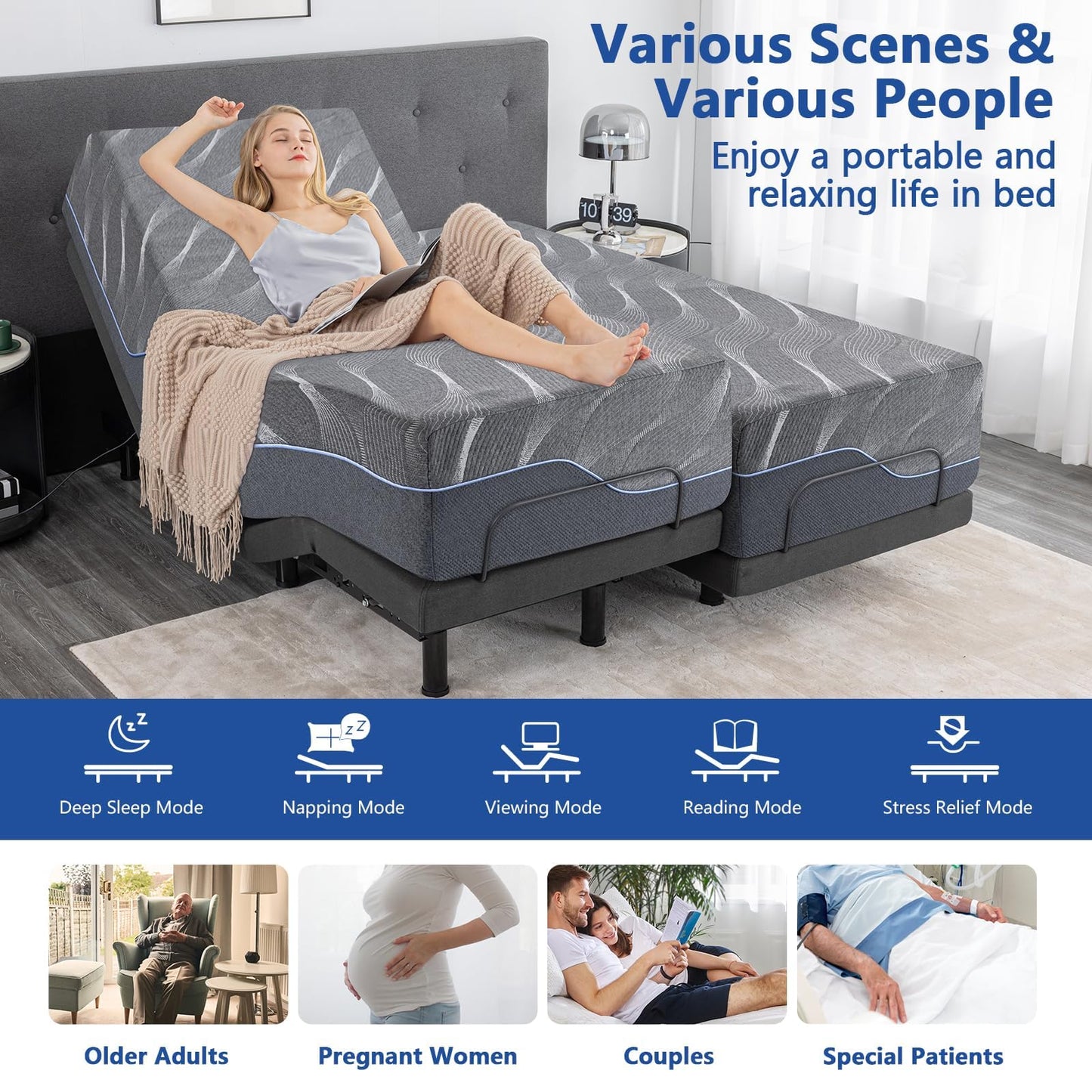 Queen Adjustable Bed Base with Mattress, 14 Inch Grey Gel Memory Foam Medium-Firm Mattress in Box, Updated Adjustable Bed Frame with Thickened Foam Frame, Massage, Wireless Remote Smart Adjustable Bed