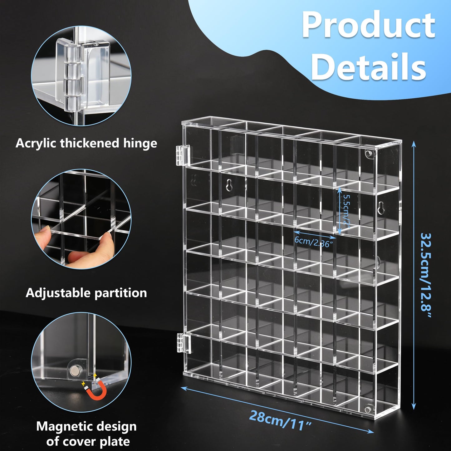 REZBLEATH 30 Grid Acrylic Clear Display Case Adjustable Crystal Display Shelf Rock Collection Box for Storage Crystals Stones and More, Wall Mounted Transparent Rock Display Box with Magnetic Lid