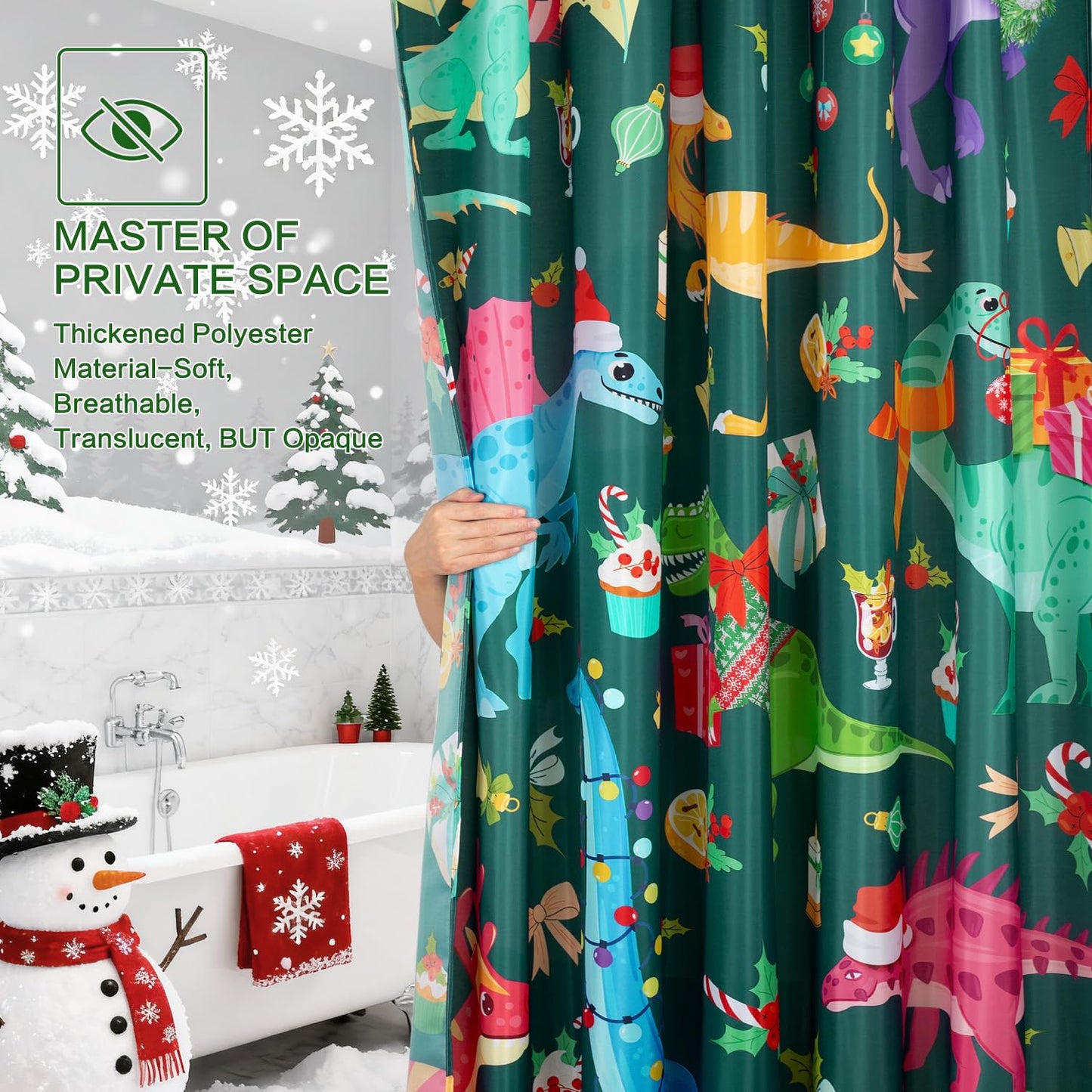 Shower Curtain Christmas, Kids Shower Curtain Santa's Hat Dinosaur Party Gift Box Cake Candy Jingling Bell String Light Xmas Theme Machine Washable Home Farmhouse Waterproof Decor Bathroom Curtain
