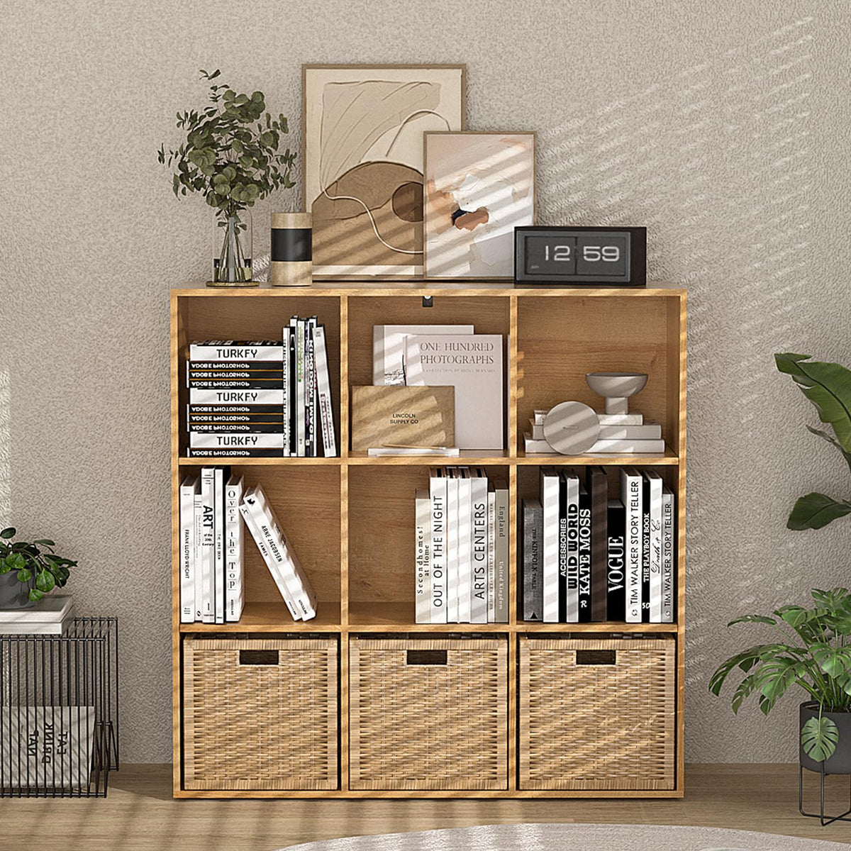 NewBeth Wooden 9 Cube Storage Organizer with Closed Back Panel,White Cube Shelf Cubby Storage Organizer with Compartments for Living,Bookshelf, Easy to Install (Oak, 9 Cube-11in)