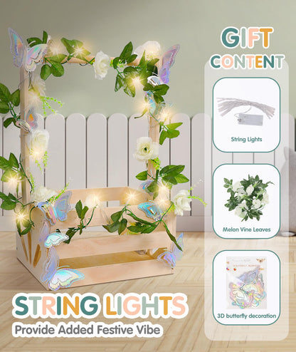 Wooden Baby Shower Crate Closet-Baby Shower Basket with String Lights Butterfly Welcome Gift Basket Wooden Crate for Baby Gift Basket Newborn Boys Girls Pregnancy Gifts-Small Baby Shower Gifts