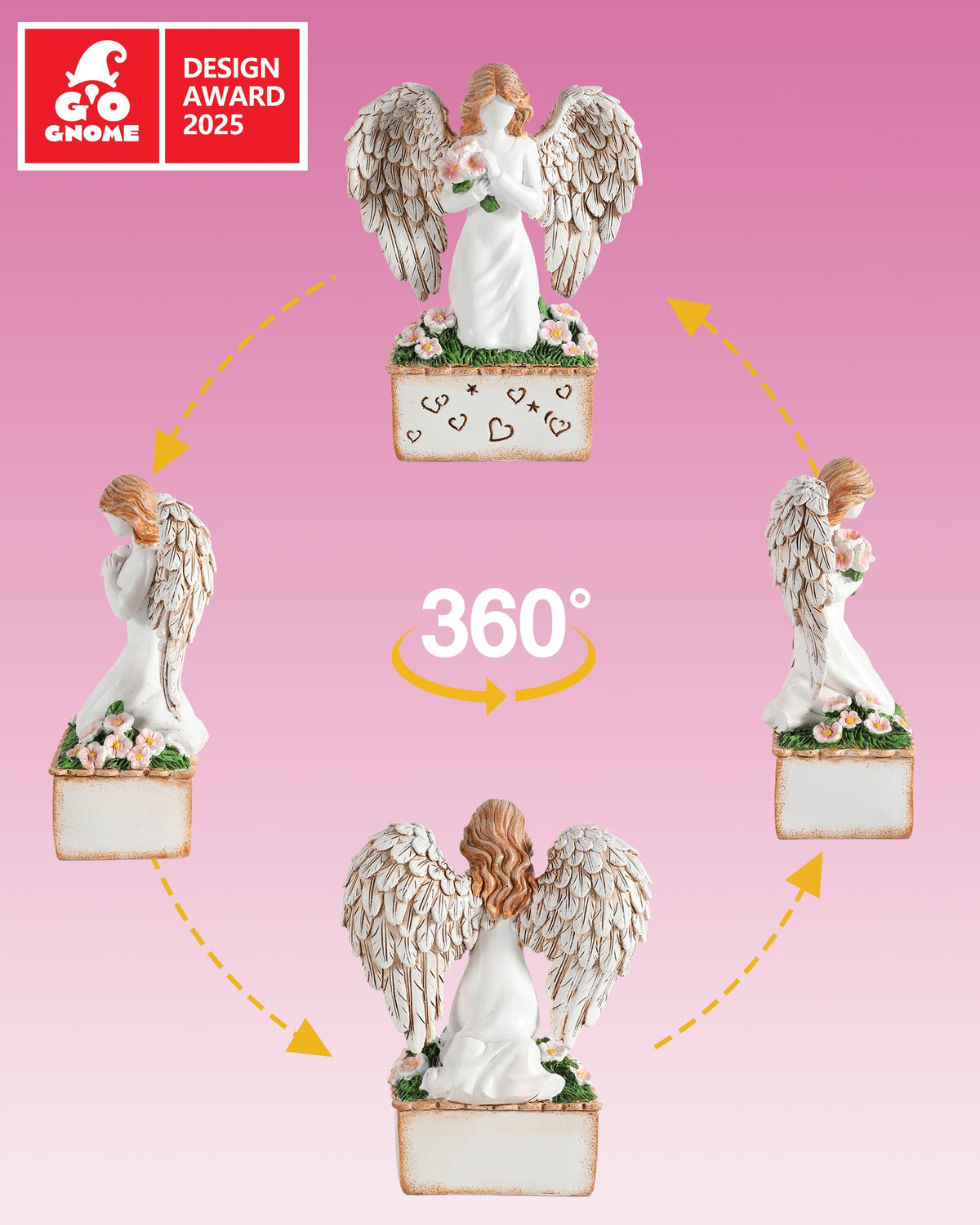 GoGnome Angelic Embrace - Resin Angel Figurine with Bouquet and Heart Accents Decorative Base - A Gift to Express Unwavering Love, Remembrance, Sympathy, Comfort Healing for Women Girls (Angel)