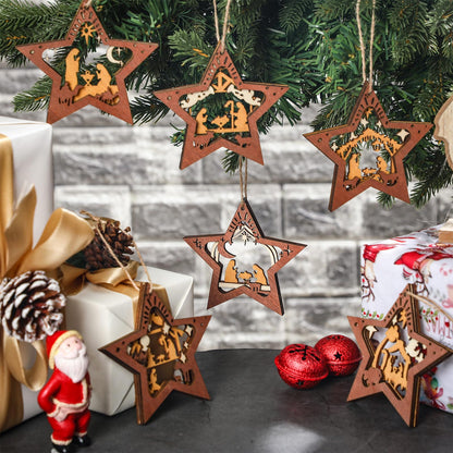 Bucherry 6 Pcs Wooden Christmas Nativity Scene Ornaments Bulk, 2025 Christian Religious Jesus Ornaments for Christmas Tree Nativity Scene Gifts, The Birth of Jesus Decoration(Classic Style)