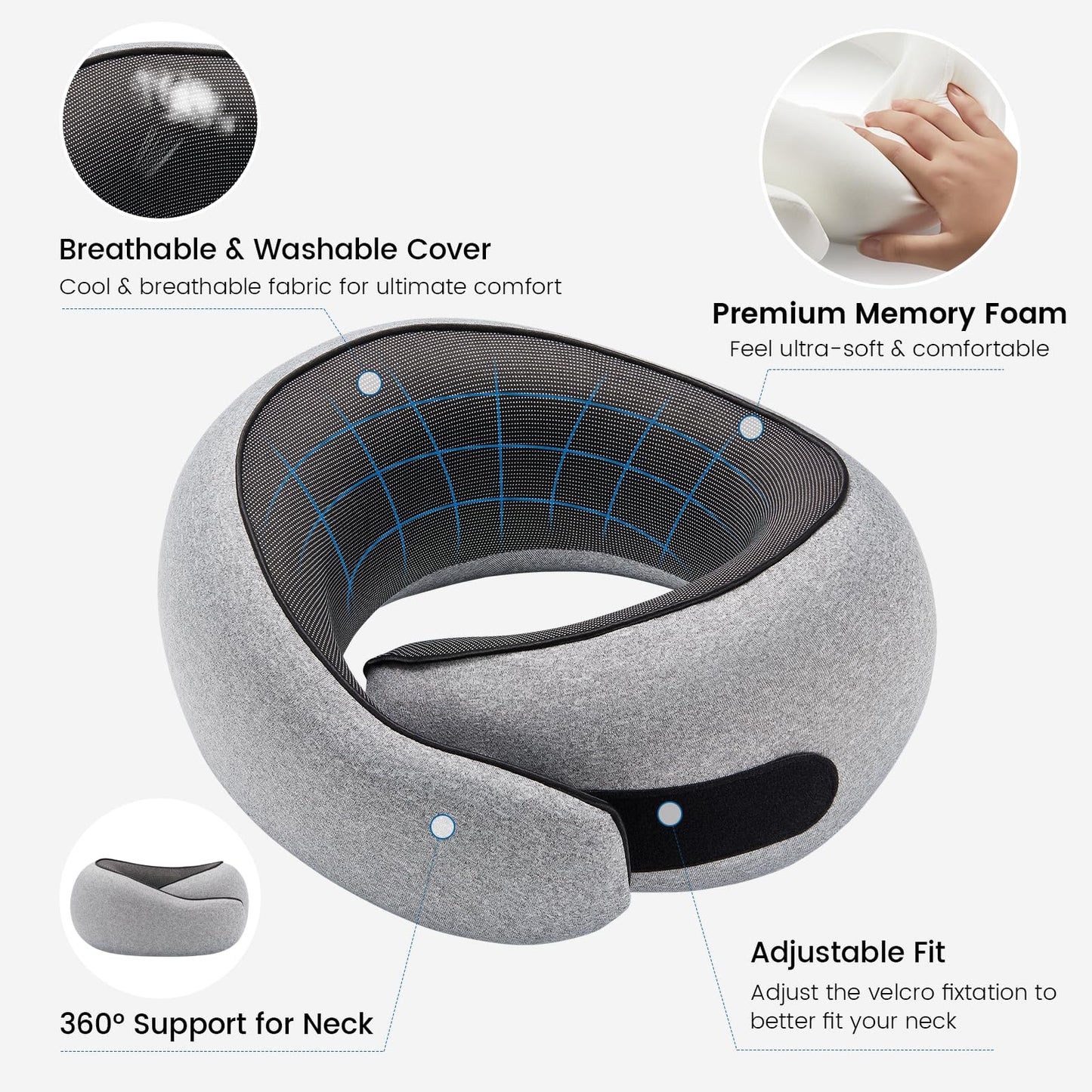 Neck Pillow Airplane,100% Pure Memory FoamTravel Neck Pillow Travel Neck Support Ergonomic &Portable Design Best for Sleeping Plane Car Train Office Flight (Small Grey)