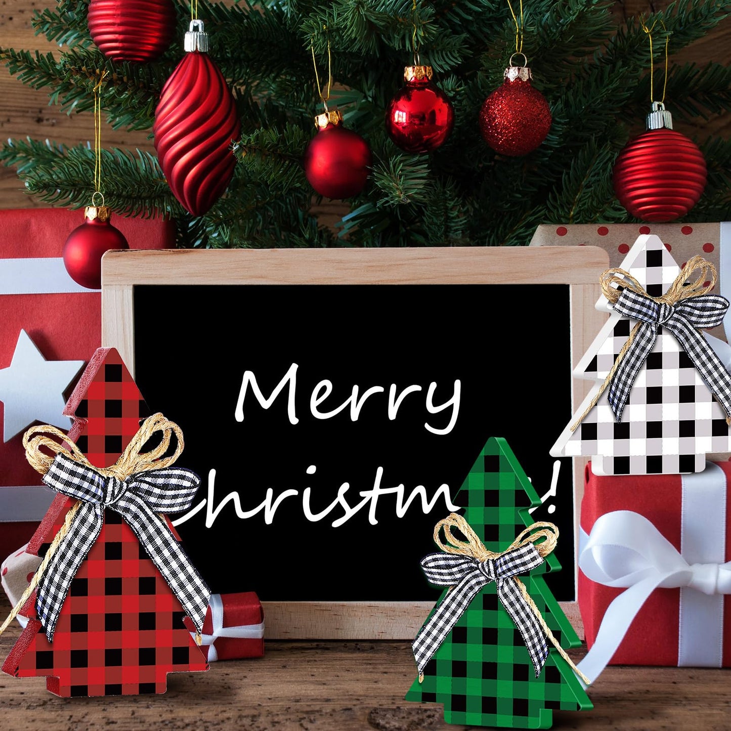 Yookeer Christmas Decor 3 Pieces Wood Table Rustic Christmas Tree Farmhouse Wooden Xmas Centerpiece for Small Table Xmas Trees Red Green Tiered Tray Party Decoration(Buffalo Plaid Style)