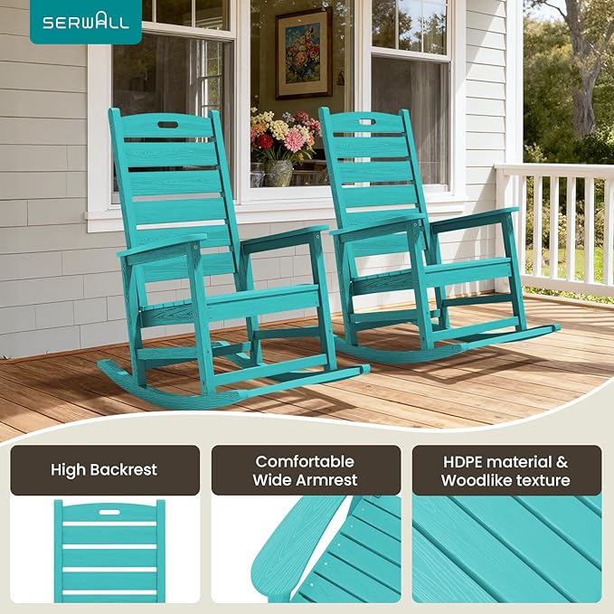 SERWALL Outdoor Rocking Chair, Oversized Rocking Chair with Footrest for Adults, HDPE All Weather Resistant Rocking Chairs for Patio, 350lbs Weight Capacity, Aruba