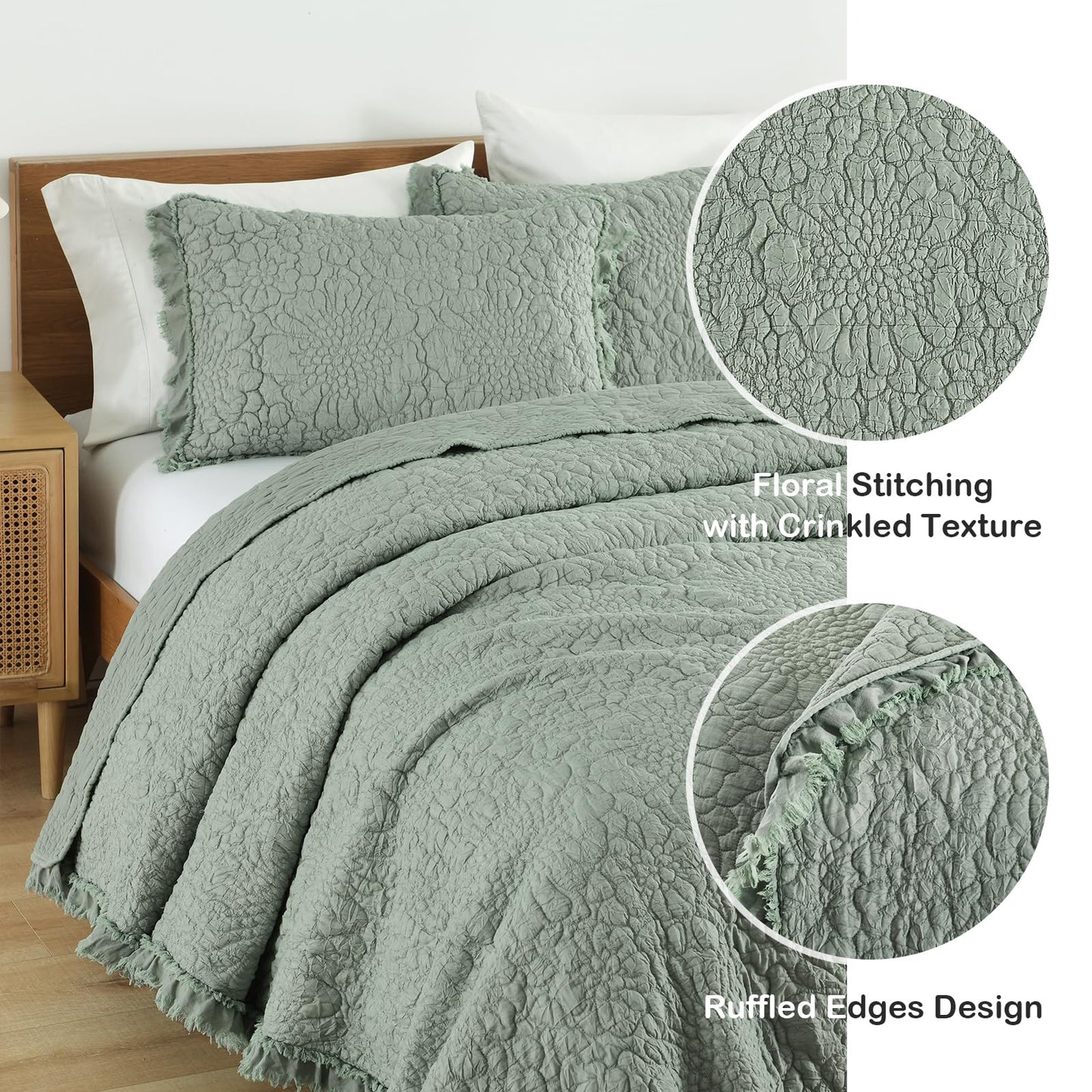 HORIMOTE HOME Sage Green Ruffled Quilt King Size, Shabby Chic Floral Quilt Set Lightweight Crinkled Farmhouse Rustic Bedding Set, 3 Pieces Reversible Bedspread with 2 Pillow Shams for All Season