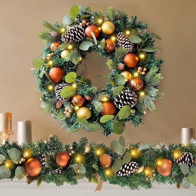 WANNA-CUL Pre-Lit 20 Inch Lighted Christmas Wreath for Front Door Decoration with Copper Gold Christmas Ball Ornaments,Battery Operated 30 LED Lights