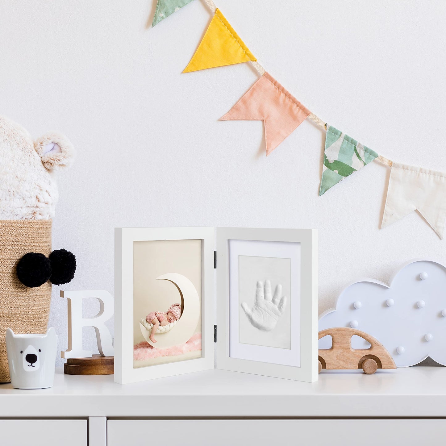Chuckle - Baby Hand and Foot Clay Print Photo Frame Keepsake Kit - Gift for Mothers Day, New Mum and Parents Newborn Baby Shower Party and Nursery Room Decoration - White