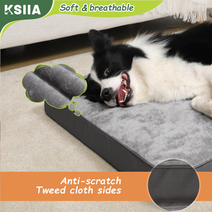 KSIIA Dog Beds Large Washable, Orthopedic Dog Crate Beds with Waterproof Removable Cover, Flat Mattress Non skid Bottom, Pet Beds for Dogs, Grey, 88x55x7cm
