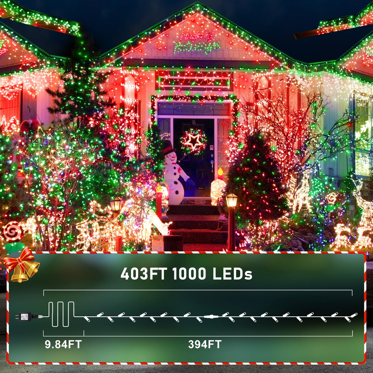 KNONEW 403ft 1000 LED String Lights Outdoor Christmas Lights 8 Modes & Timer Fairy Light Plug in Waterproof LED String Lights for Xmas Yard Tree Wedding Party Holiday Decorations (Red and Green)