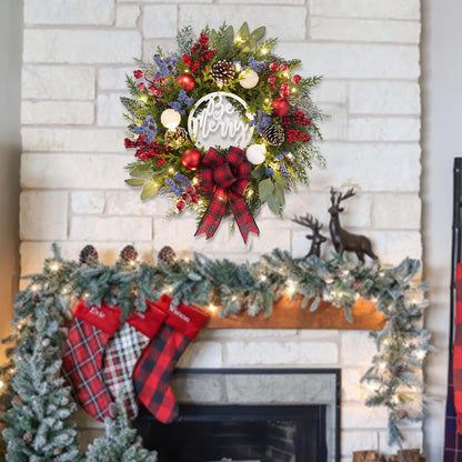 Prelit Christmas Wreath for Front Door Outside,22 inch Be Merry Wreath with red Black Buffalo Plaid Bow,Lighted Farmhouse Christmas decoration-30 LED Light/Timer,Winter Door Wreath, Porch Decor