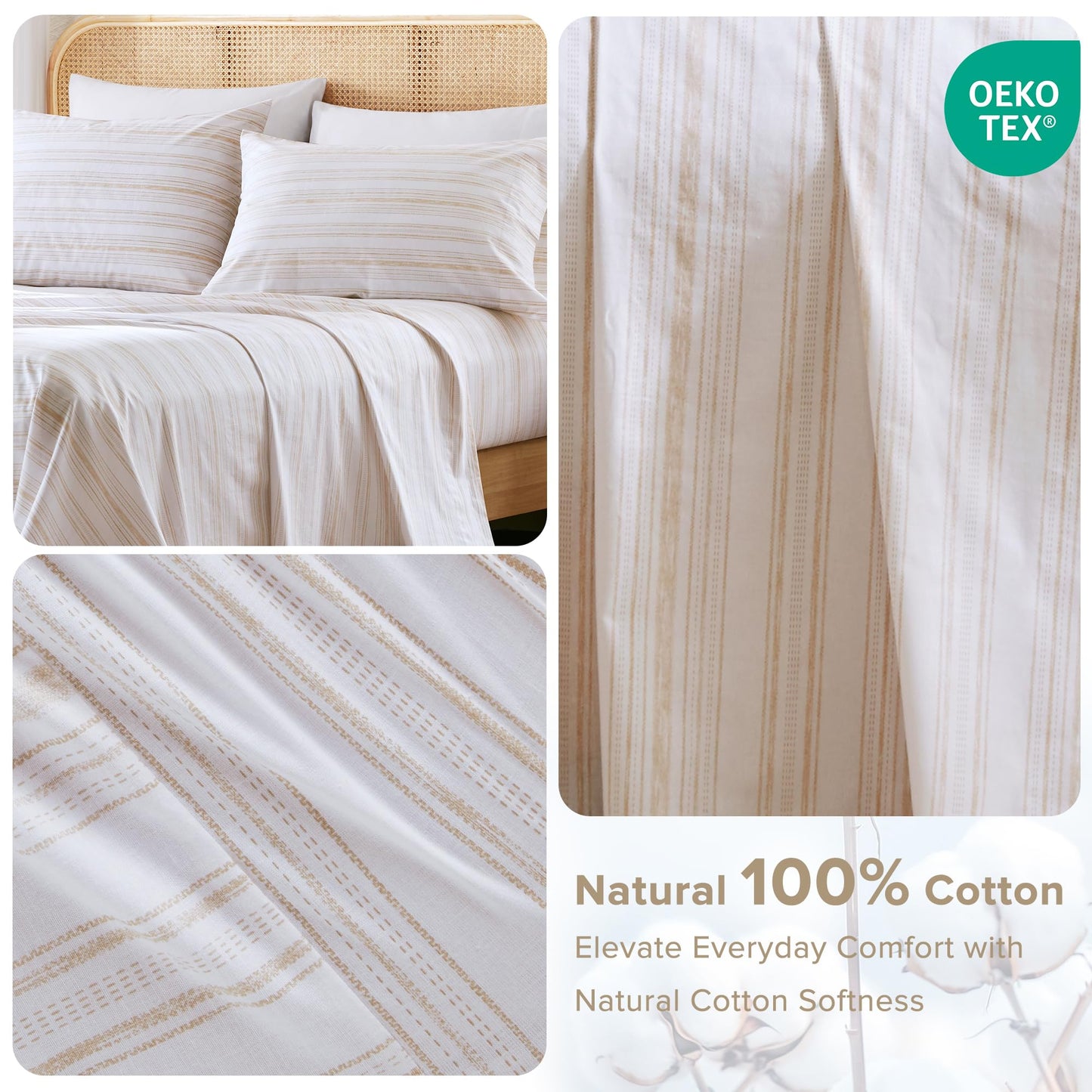 Comfort Spaces 100% Cotton Sheets Full, Breathable, Naturally Cool Cotton Sheets, Cotton Bed Sheets with 14" Elastic Pocket Fits up to 16" Mattress, All Seasons Sheet Set, Good Vibes Taupe 4 Piece