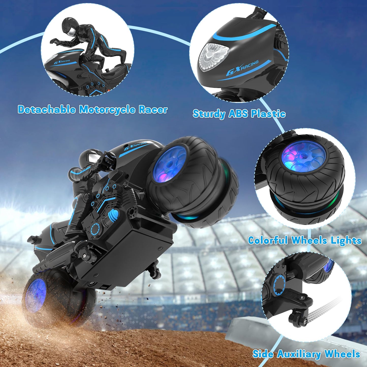 iappadore RC Motorcycle, Remote Control Motorcycle with RGB Wheels Lights - 360-degree Rotations, Drifts, High-Speed, RC Car Dirt Bike Toy for Boys 4-7 8-12 Years Kids