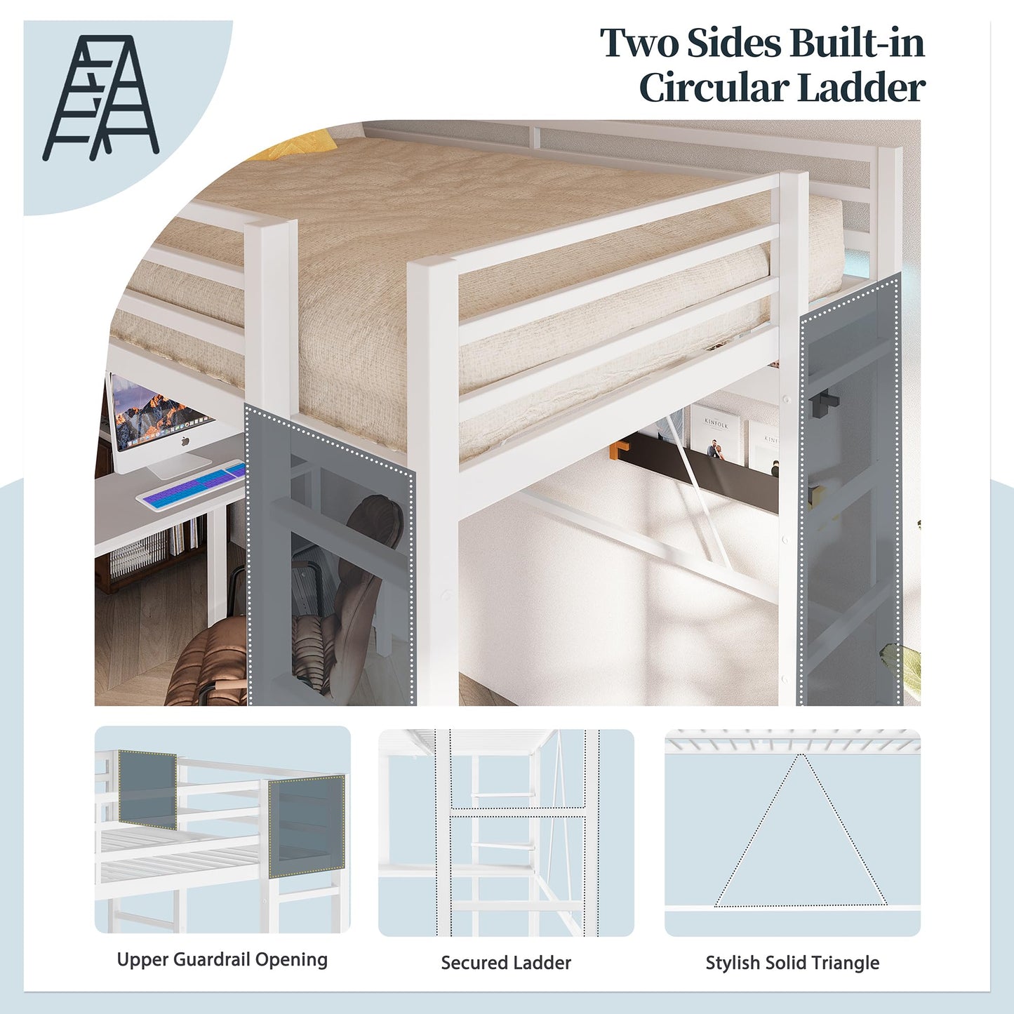 SUNLEI Loft Bed Full Size with Desk and Storage, Metal Full Size Loft Bed Frame with Dual Ladders, Safety Guard Rail, Space Saving Bed with Study Desk for Small Room, Teens Adults, Snowy White