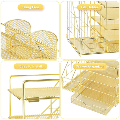 Marbrasse Rose Gold Desk Organizer with File Holder, 5-Tier Paper Letter Tray Organizer with Drawer and 2 Pen Holder, Mesh Desktop Organizer and Storage with Magazine Holder for Office Supplies