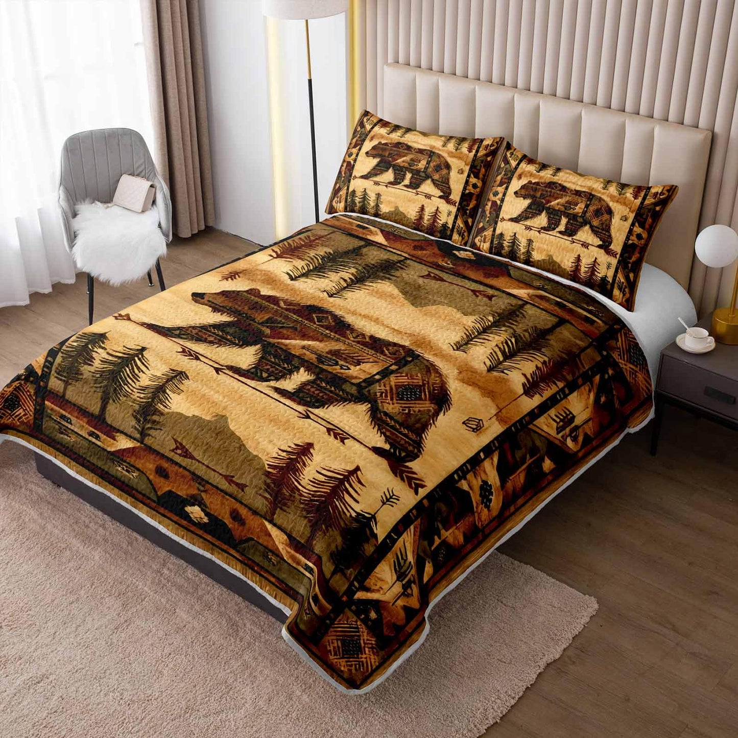 UEVBF Rustic Cabin Brown Bear Quilts Set Queen Size,3Pcs Retro Mountains and Arrows Bedspread for Hunting Themed Room Decor,Ethnic Country Style Bedding Sets with 2 Pillowcases.