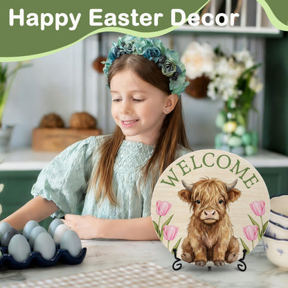 PATCATE Spring Tulip Table Decor for Home Office, 8-In Highland Cow Welcome Signs for Rustic Farmhouse Room Decor, Western Easter Gifts for Women