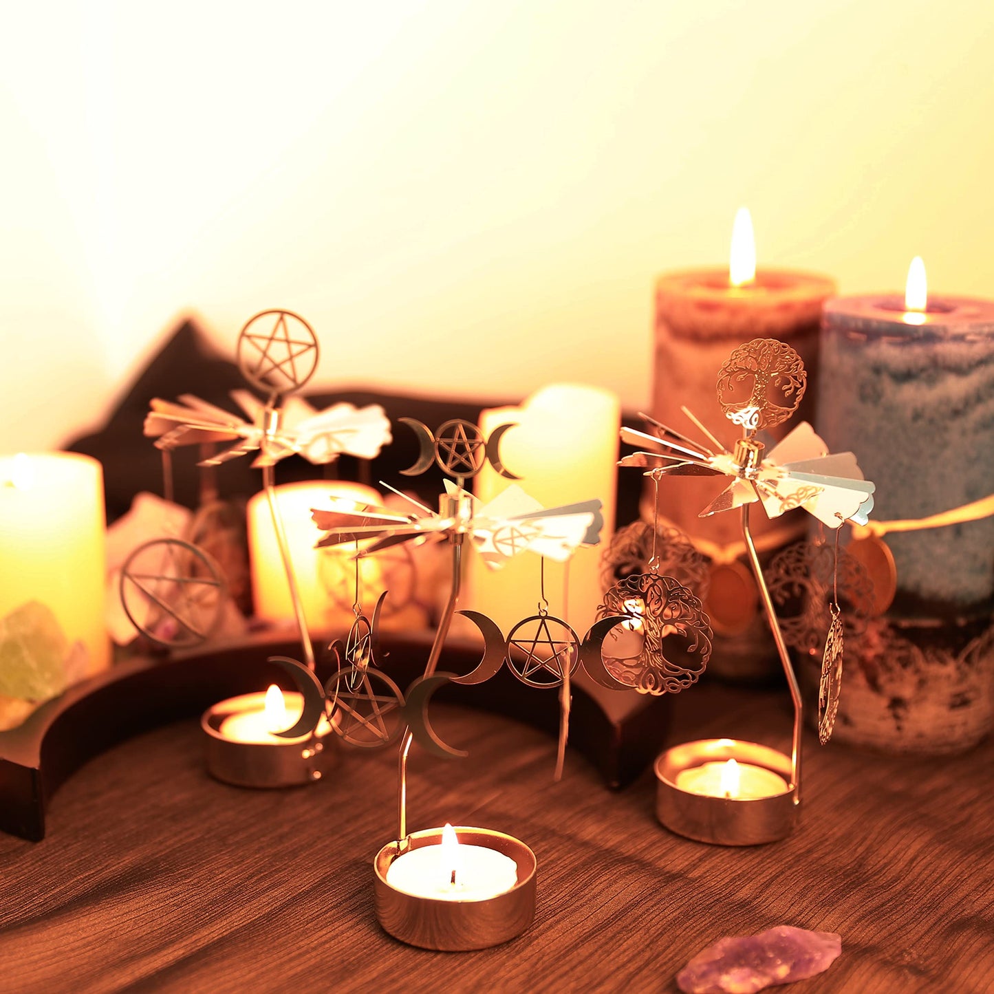 Spinning Tea Light Candle Holder, Silver Triple Moon Carousel Tealight Display, Metal Rotating Witch Decor for Altar Tables, Valentine's Day, Party Decor, Gifts
