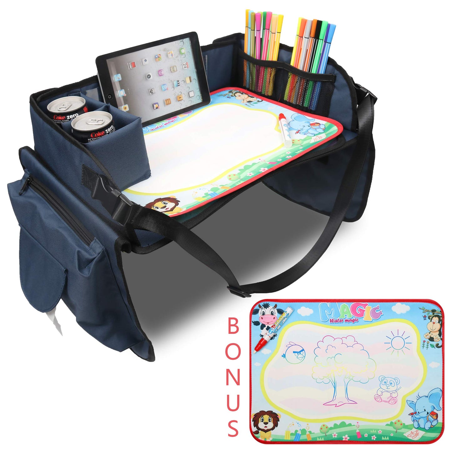 Becko US Children’s Travel Toy Tray Kids’ Car Seat Snack, Game Tray Activity Table for Stroller, Car, Airplane, Road Trip with Doodle Mat, Foldaway & Portable