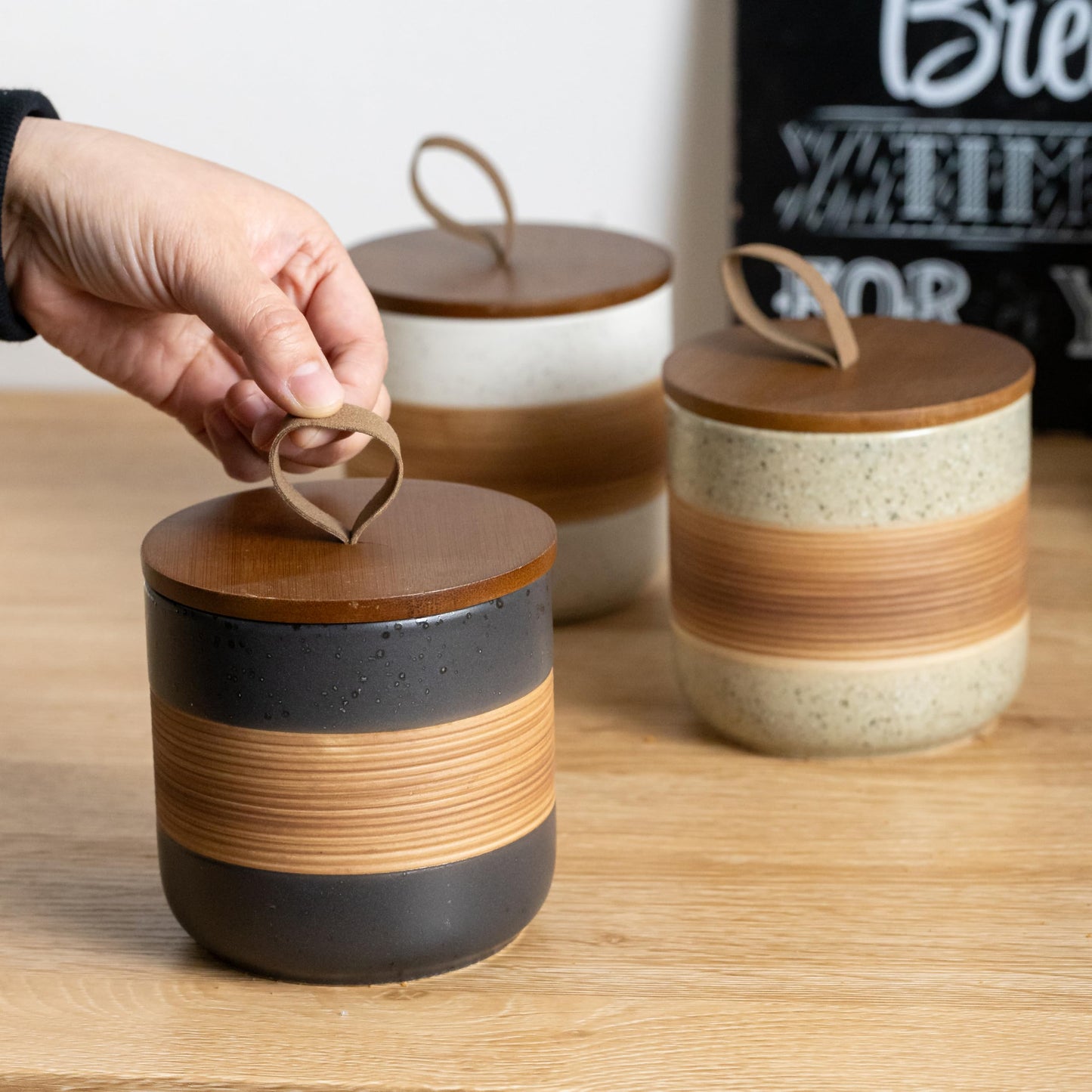 Miamolo Small Ceramic Jar with Lid, Coffee Container Kitchen Food Storage Jars for Spice Sugar Tea Bag Matcha Container Airtight, Stacairtightkable Decorative Jars for Countertop, Black & 5 fl.oz