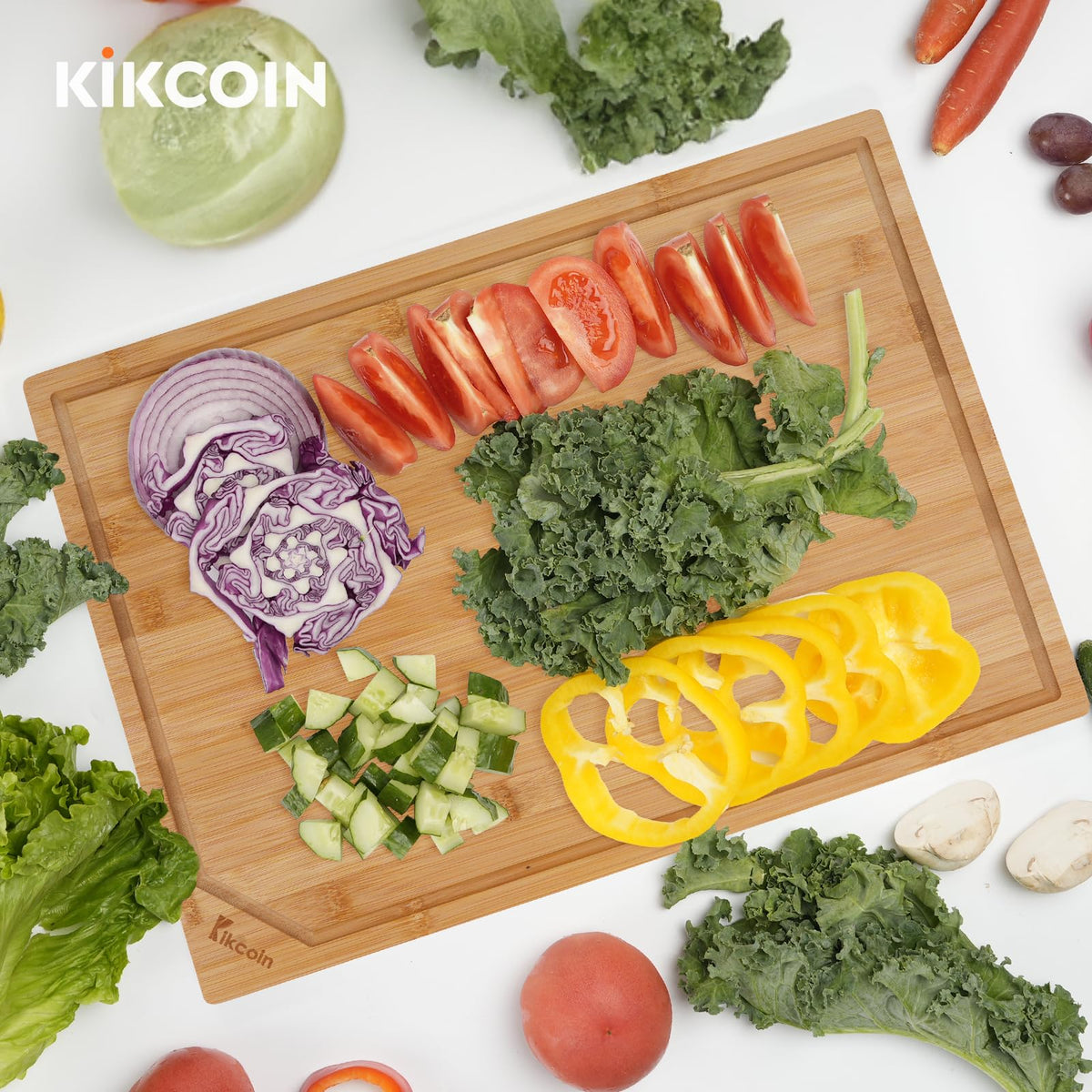 Kikcoin 17”×11” Bamboo Cutting Boards for Kitchen, Healthy Wooden Cutting Boards for Kitchen, Charcuterie, Extra Large Chopping Boards with Deep Juice Groove, Fathers Day Gift for Men, Natural