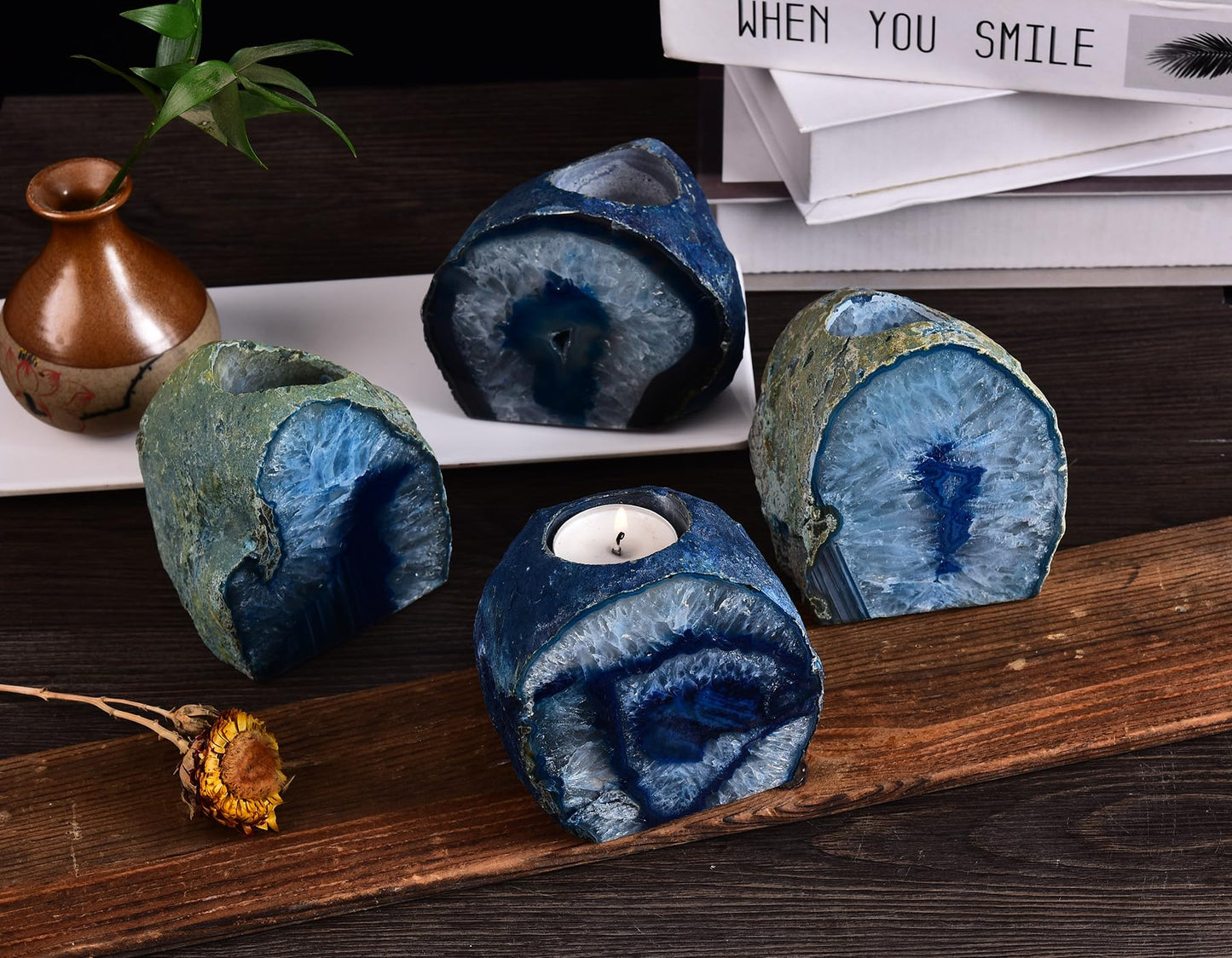 AMOYSTONE Blue Agate Stone Candle Holder for Pillar & Tea Lights 1-1.5lb, or Plant Terrarium as Boho Home Accent