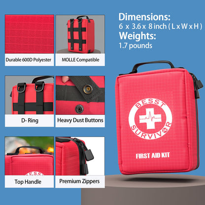 Besst Survivor Premium First Aid Kit - Waterproof Molle Medical Bag with Color-Coded Compartments, with Israeli Bandage, Rescue Blanket & CPR Mask for Home, Car, Hiking, Camping & Outdoor Emergencies