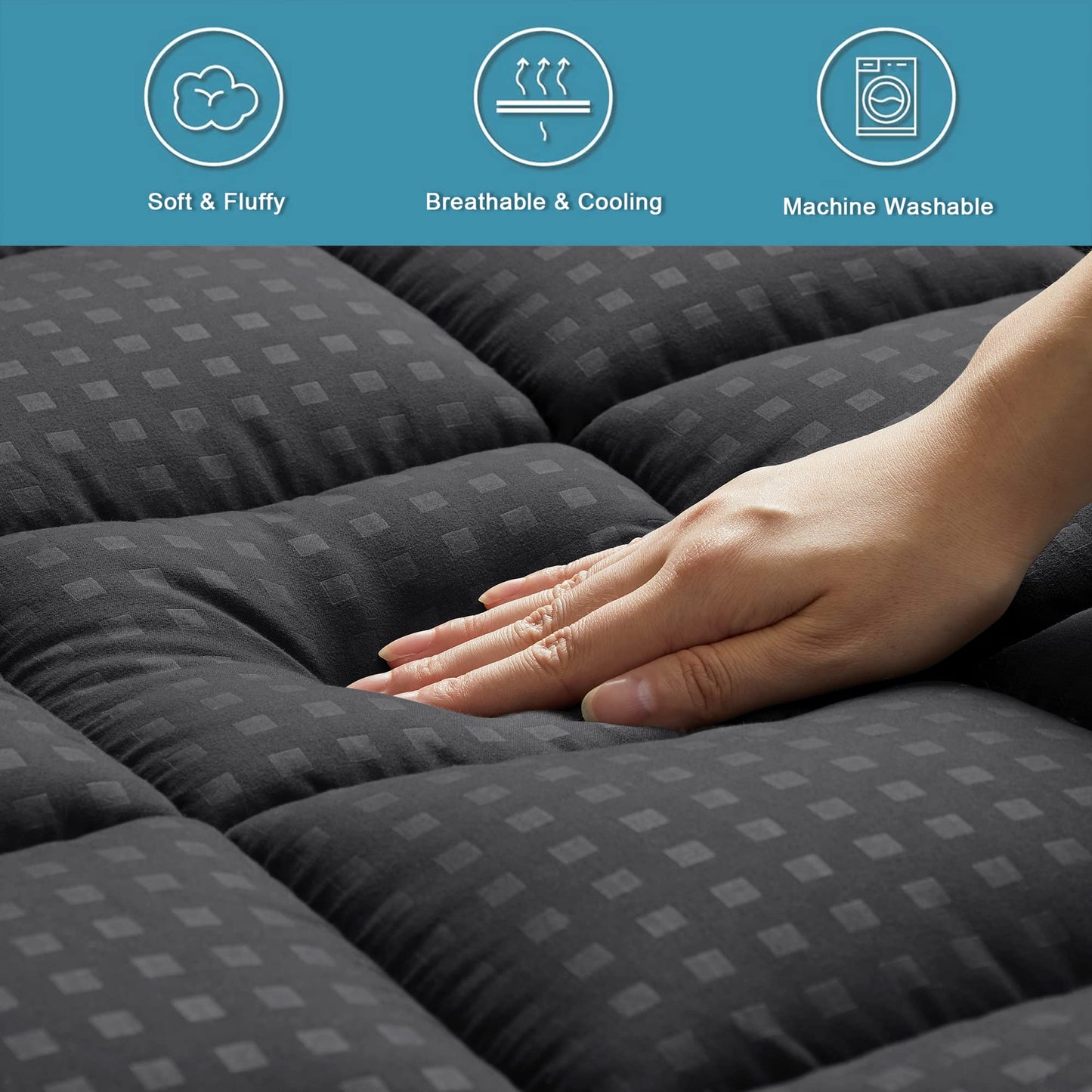 HYLEORY Queen Mattress Pad Quilted Fitted Mattress Protector Cooling Pillow Top Mattress Cover Breathable Fluffy Soft Mattress Topper with 8-21" Deep Pocket, Black
