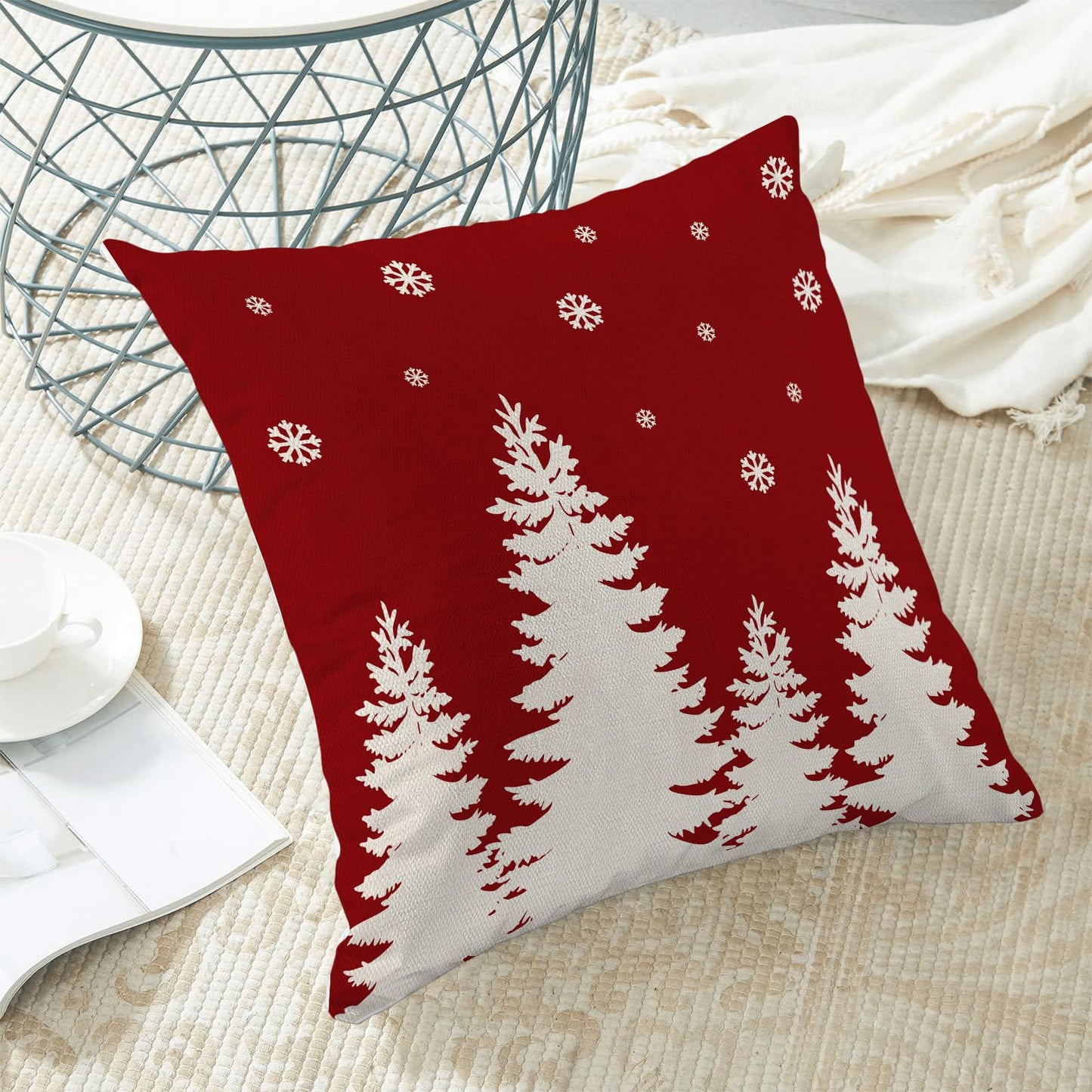 CXMEIFLY Christmas Pillow Covers 18x18 Inch Set of 2 Red Cream Christmas Tree Snowflakes Decor Throw Pillows Winter Xmas Holiday Outdoor Cushion Cases for Couch Bed Decorations