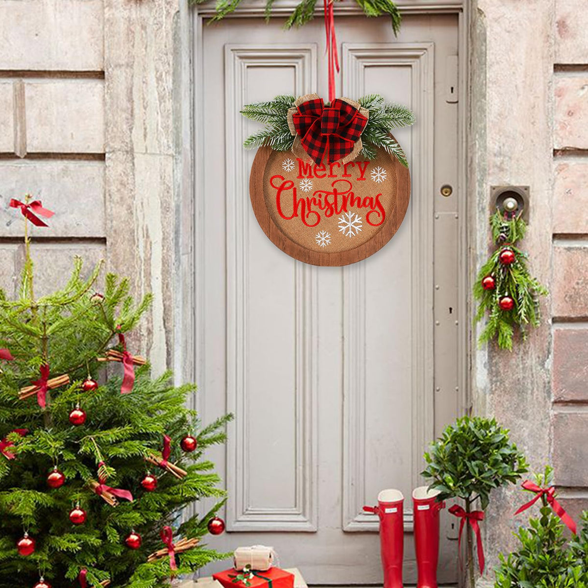 HOMCDALY Christmas Welcome Sign for Front Door, Winter Merry Christmas Wreath, Farmhouse Door Decoration Wooden Hanging Sign, Winter Home Decoration (F-Xmas)