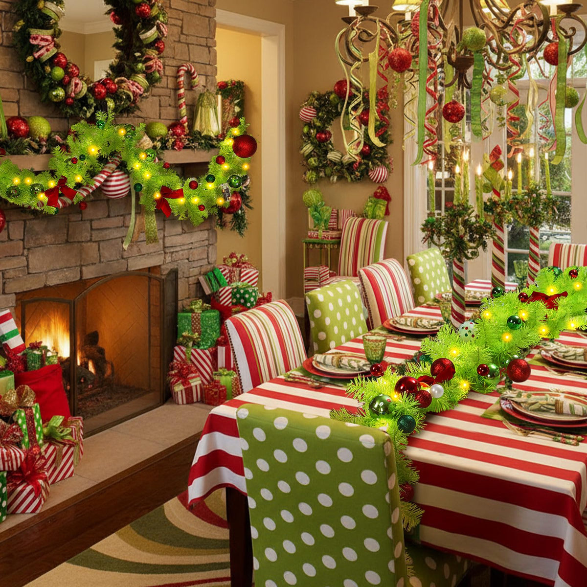 Jutom 6 Feet Christmas Green Garland with Red Green Balls Xmas Tree Winding Garland Artificial Furry Stripe Accessory for Front Door Fireplace Table Centerpiece Outdoor Decor
