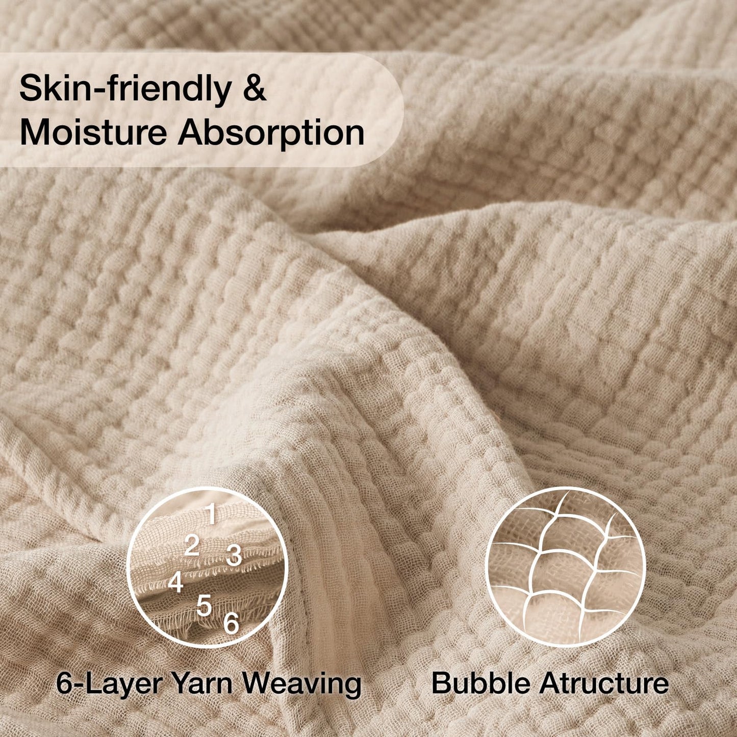 Kozyhvn 100% Cotton King Size Blankets for Bed 108" x 90", 6 Layers Cooling and Soft Muslin Throw Blanket, Lightweight Quilt Bedspread Coverlet, Gauze Blanket for Adults All Season, Linen Beige
