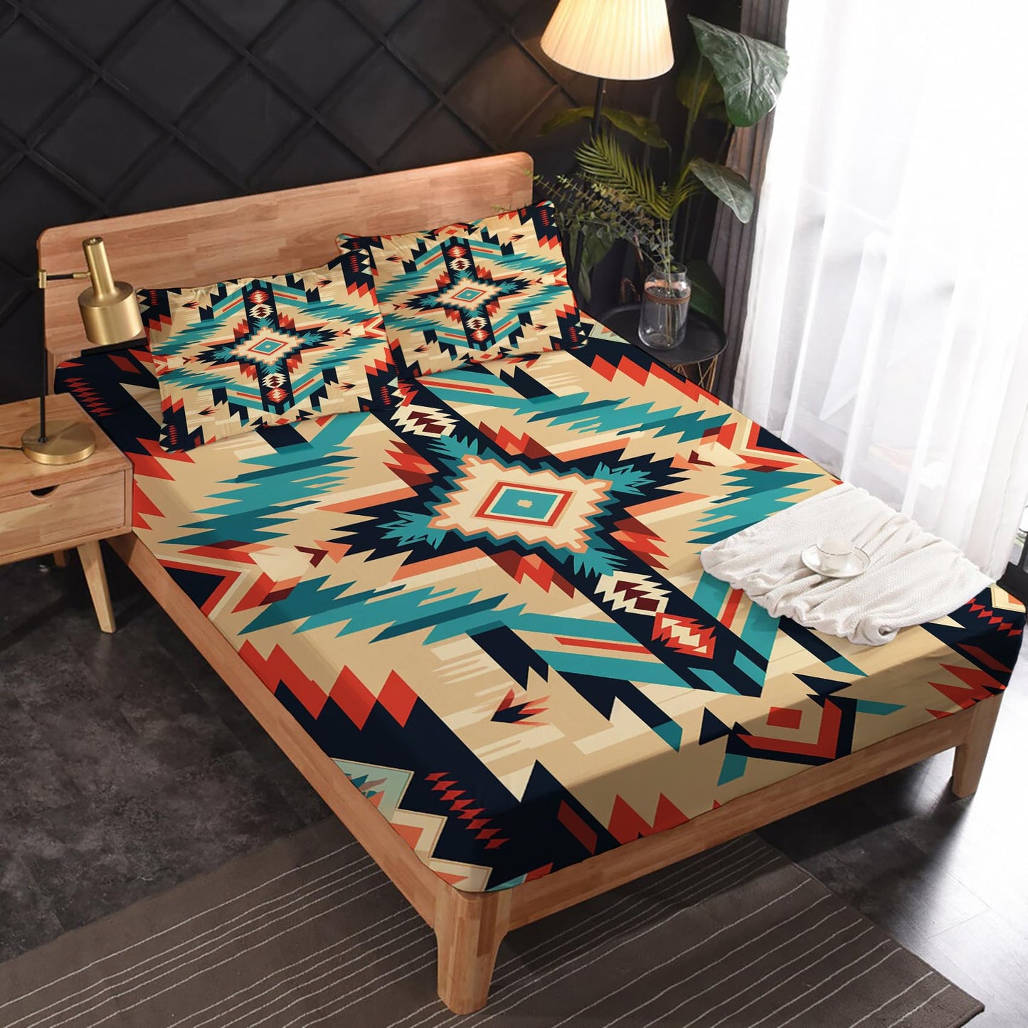 Aztec Sheets King Size - Southwestern Native American Bed Sheets, Soft Microfiber & Deep Pocket & Wrinkle Free Patterned Bedding Sheets & Pillowcases, 1 Fitted Sheet, 1 Flat Sheet, 2 Pillow Cases