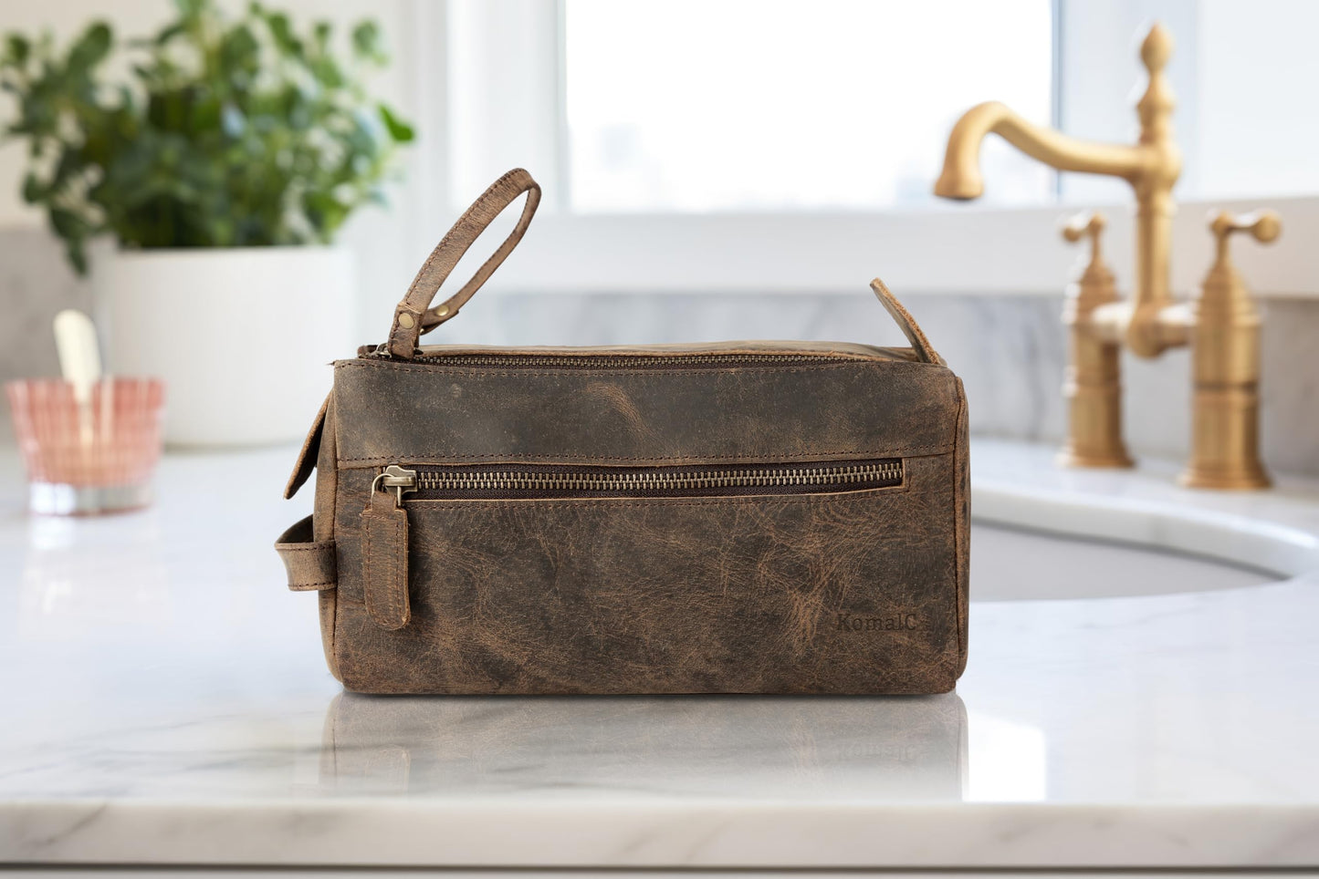 KomalC Premium Buffalo Leather Unisex Toiletry Bag Travel Dopp Kit (Distressed Tan)