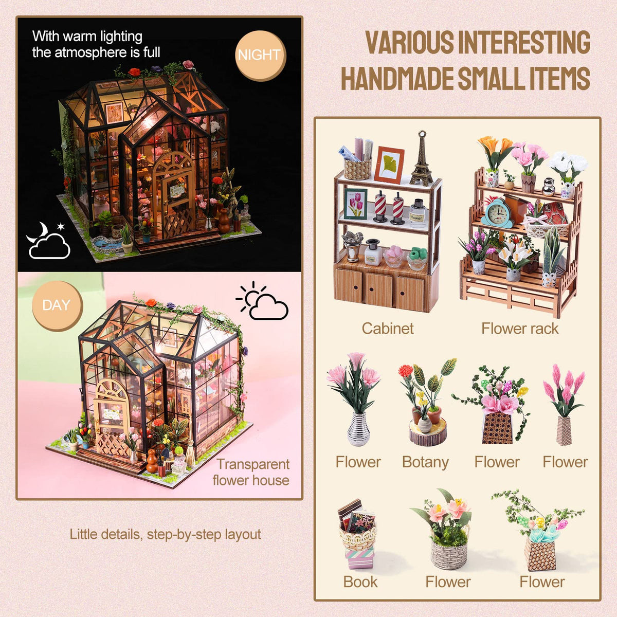 Insgen Greenhouse Booknook Kit, DIY Miniature Flower Dollhouse Building Set