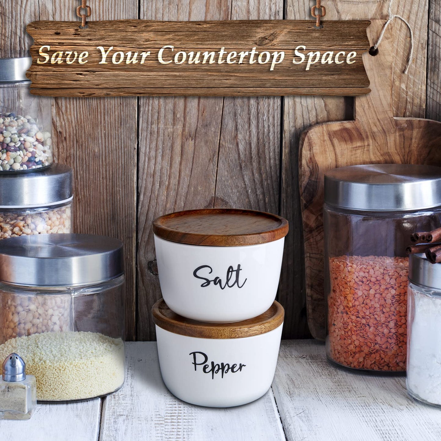 DAYYET Salt and Pepper Bowls, 10 oz Salt Cellar with Lid, Stacked Ceramic Salt Pepper Container with Acacia Wood Lid, Salt Box for Countertop, Modern Kitchen Decor, Set of 2, White