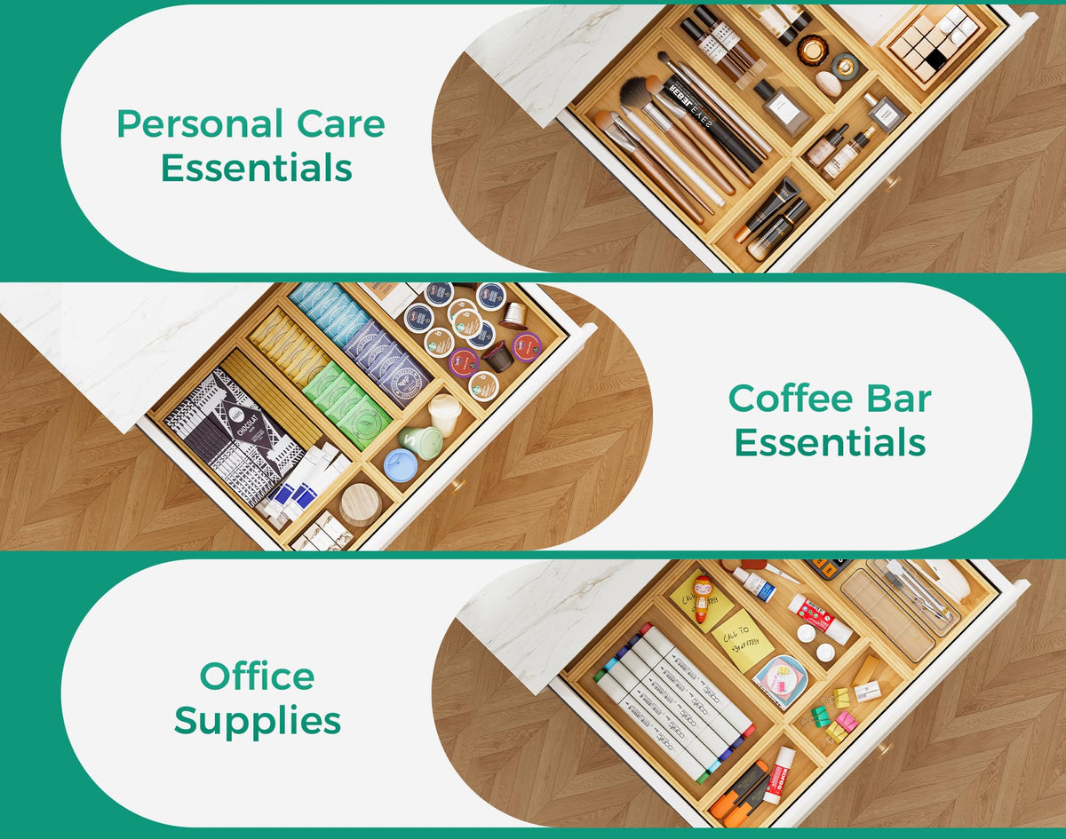 Long Bamboo Kitchen Drawer Organizer Boxes – 17" x 6" Stackable Wood Silverware Utensil Tray for Drawers Bins Cutlery & Flatware Storage – Wooden Pantry Organizers Set of 2 for Junk Drawer Bathroom Rv