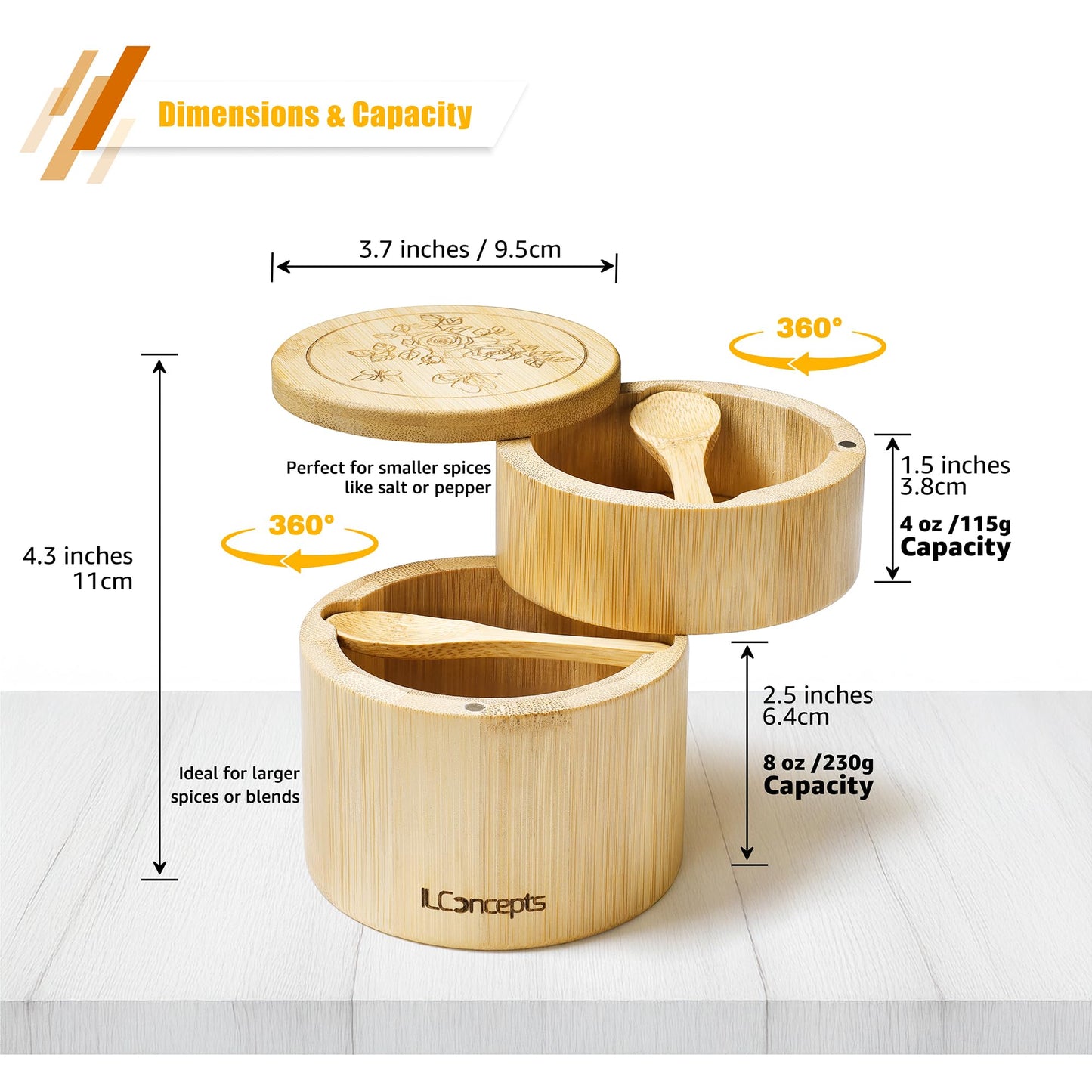 Bamboo Salt and Pepper Box, Bowl, Salt Cellar with Magnetic Swivel Lid and Spoons - Dual Compartment (8oz & 4oz) 2-Tier Wooden Container for Countertop, Holder for Sugar, Herbs, Spices (Rose Engr)