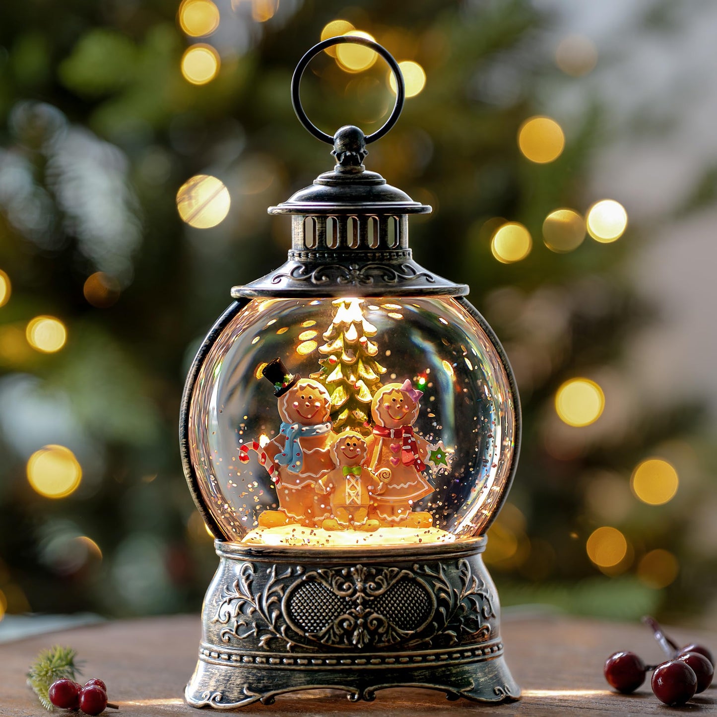 Christmas Snow Globe Water Lantern with Gingerbread Scene Battery Operated or USB Powered Musical Lighted Holiday Decoration for Tabletop Display for Family and Friends
