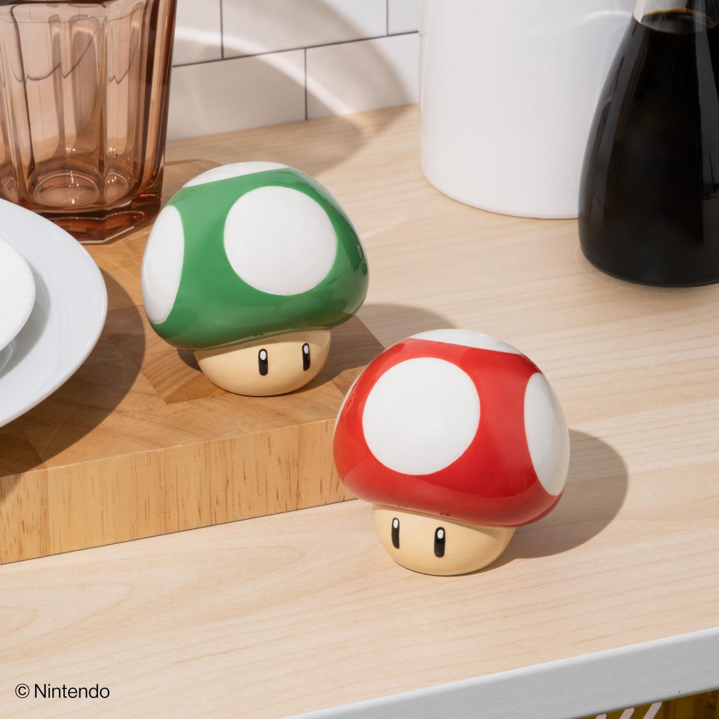 Super Mario Brothers Mushroom Salt and Pepper Shakers Officially Licensed Nintendo Red & Green 1-Up Ceramic Set for Kitchen & Home Decor, Housewarming Gift for Movie and Gaming Fans | Paladone
